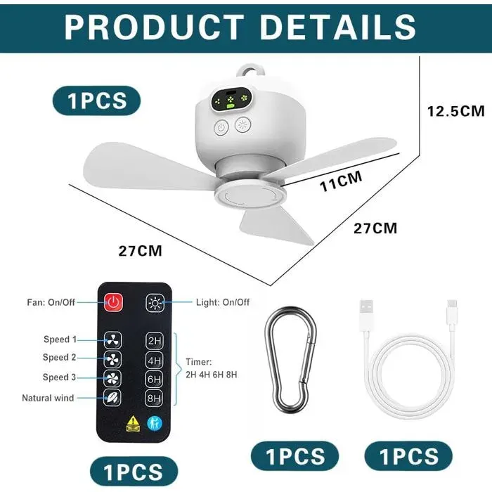 Ventilateur camping lumière plafond avec télécommande minuterie LED USB rechargeable 3 vitesses pour tente