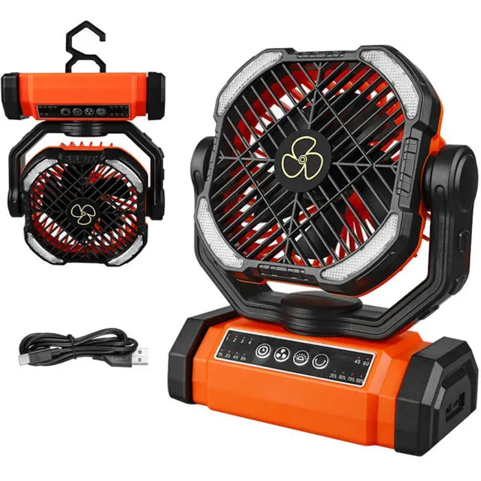 Ventilateur Camping Oscillant 90° – 270° Rotatif 4 Vitesses – Lanterne LED Crochet – Rechargeable & Sans Fil – Piles