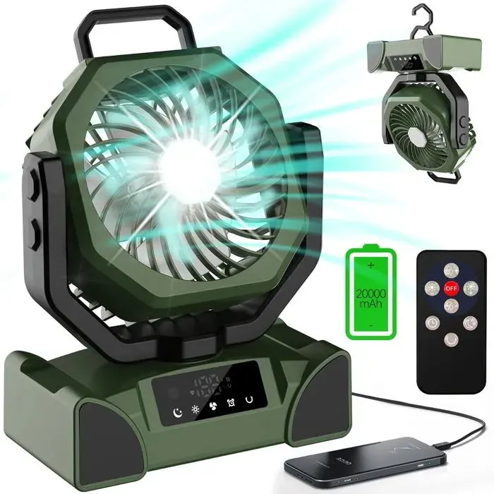 Ventilateur camping portable 20000mAh rechargeable avec une autonomie maximale de 68 heures et comprend une lumière LED (verte)