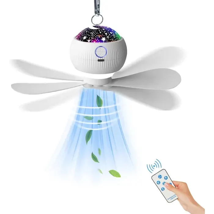 Ventilateur Camping Rechargeable 3000mAh Petit Ventilateur Plafond Tente avec Télécommande & fonction de projection 3 Vitesses