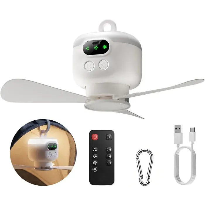 Ventilateur Camping Rechargeable 8000mAh Petit Ventilateur Plafond Tente avec Télécommande 3 Vitesses Minuterie Silencieux
