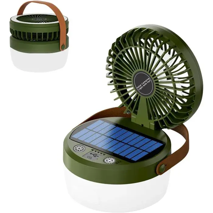 Ventilateur camping solaire vert USB table/lampe inclinaison 90° 4 lumières 3 vitesses.