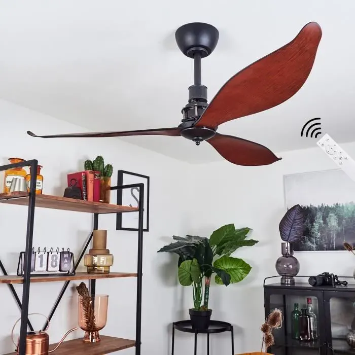 Ventilateur - Camposonaldo - Métal Noir - Imitation Bois Marron - Ø 130 cm - Télécommande