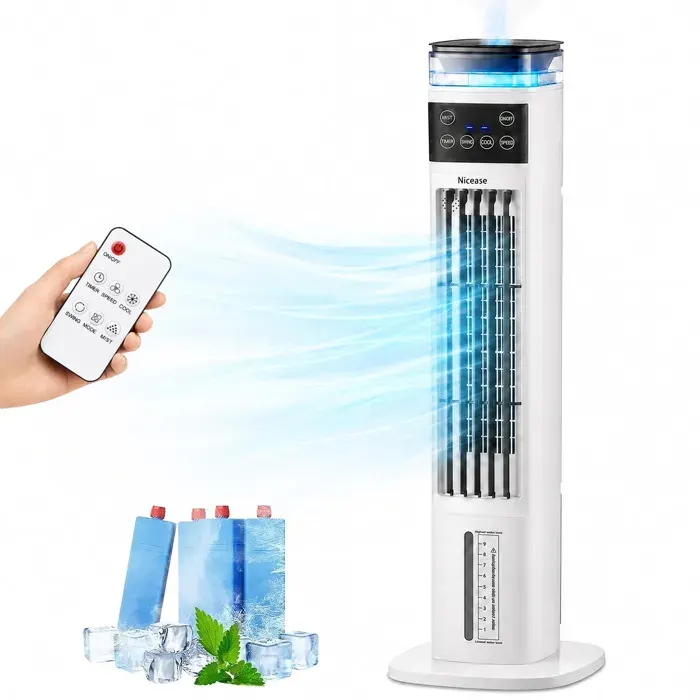 Ventilateur colonne-Nicease-95cm 3 vitesses minuterie 24h 70° oscillation 52dB faible bruit refroidisseur dair évaporatif portable — coloris Blanc