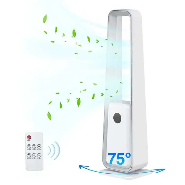 Ventilateur Colonne Sans Pale Silencieux 34dB avec Télécommande 3 Vitesses 3 Modes Oscillation 75 Degrés Minuterie Design Moderne