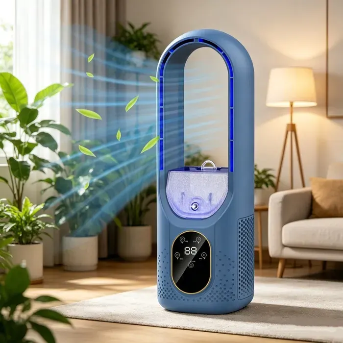 Ventilateur Colonne Ventilateur Sans Lames avec Humidificateur 6 Vitesses Silencieux Minuterie 6h pour Bureau Chambre Bleu