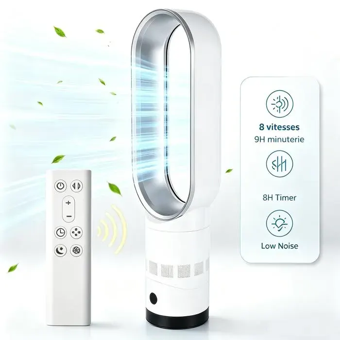 Ventilateur Colonne Ventilateur Sans Pales avec Télécommande 8 Vitesses Minuterie 9H Oscillation 90° Inclinaison 20° Silencieux