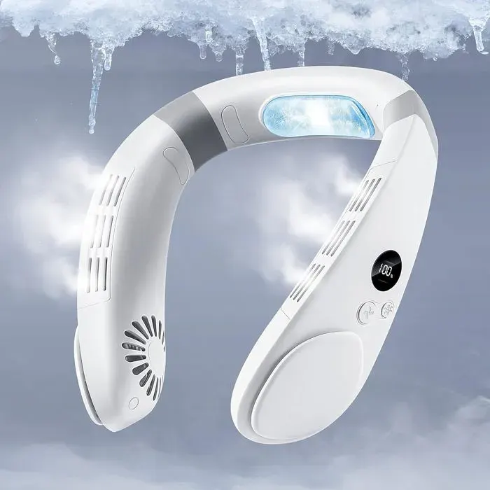 Ventilateur Cou Rechargeable 2-en-1 4400mAh Blanc Design Ergonomique Portable Clim Personnel