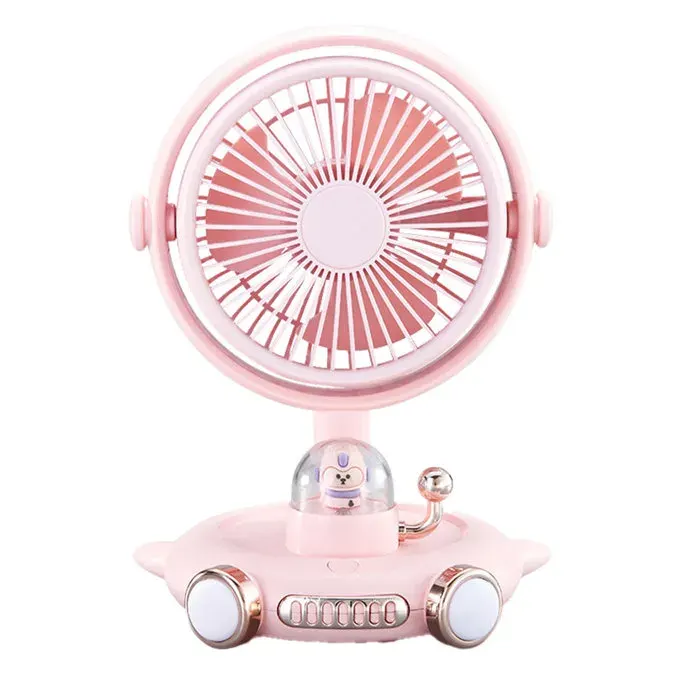 Ventilateur de bureau avec lumière– Design vaisseau spatial USB rechargeable silencieux – pour la maison le bureau – Rose