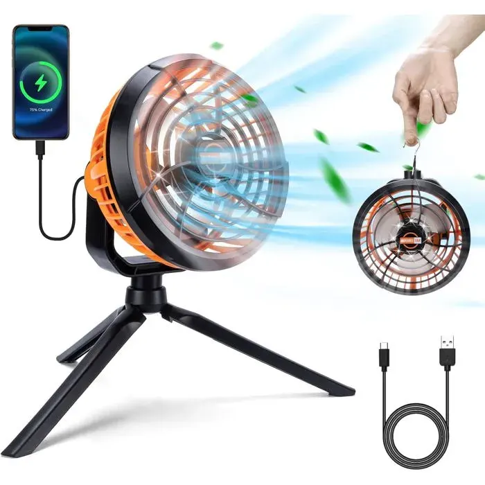 Ventilateur de bureau camping 5600 mAh avec lumière LED 3 vitesses rechargeable USB 3 en 1