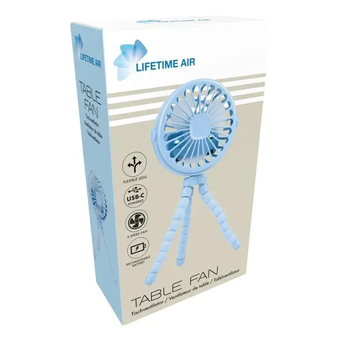 Ventilateur de bureau - LIFETIME AIR - Rechargeable USB - Batterie 500 mAh - 3 vitesses - Bleu