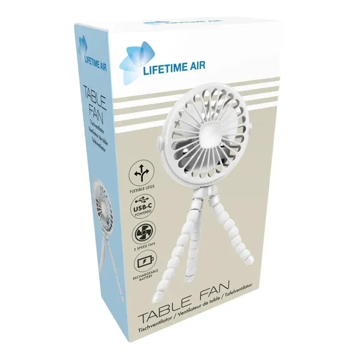 Ventilateur de bureau - LIFETIME AIR - USB rechargeable - Batterie 500 mAh - 3 vitesses - Blanc