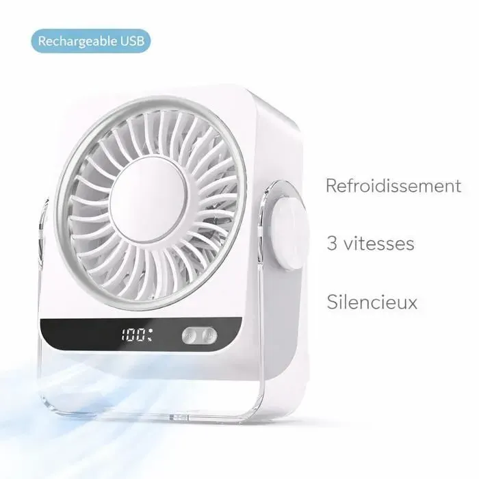 Ventilateur de bureau - MICHLO - Modèle USB Rechargeable - 5 vitesses - Faible bruit 36 dB - Refroidissement semi-conducteur — coloris Blanche