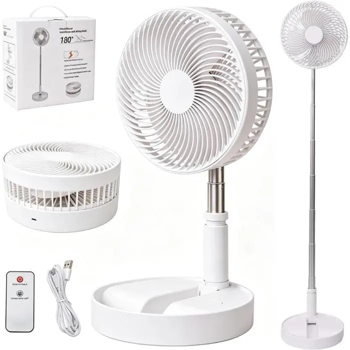 Ventilateur de Bureau Pliable & Télescopique Hauteur Réglable 36-99 cm 4 Vitesses & Minuterie Batterie 7200mAh Oscillant USB