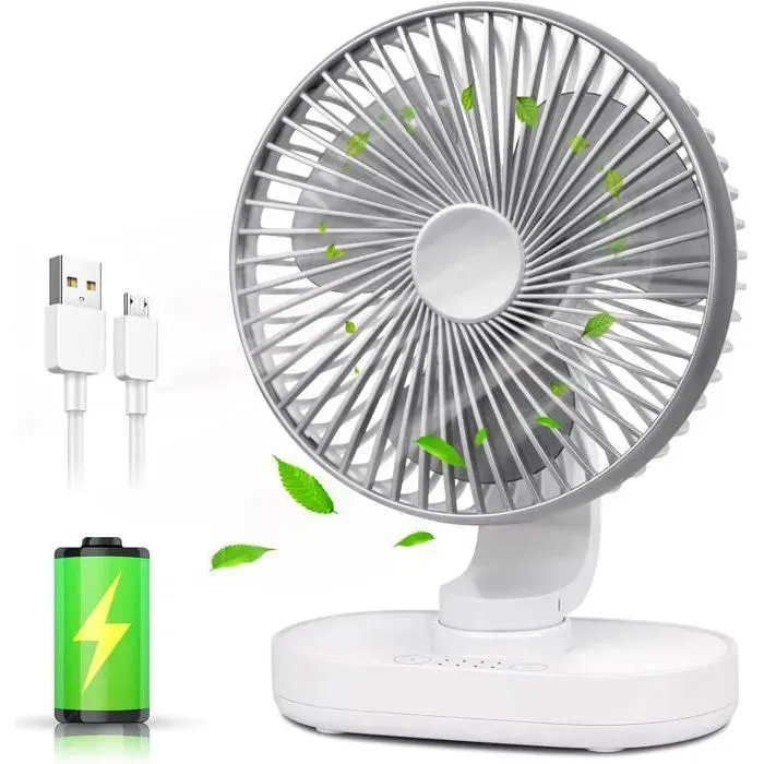 Ventilateur de bureau portable - Gris - 4000 mAh - Rechargeable par USB - 4 vitesses - Oscillation à 120°