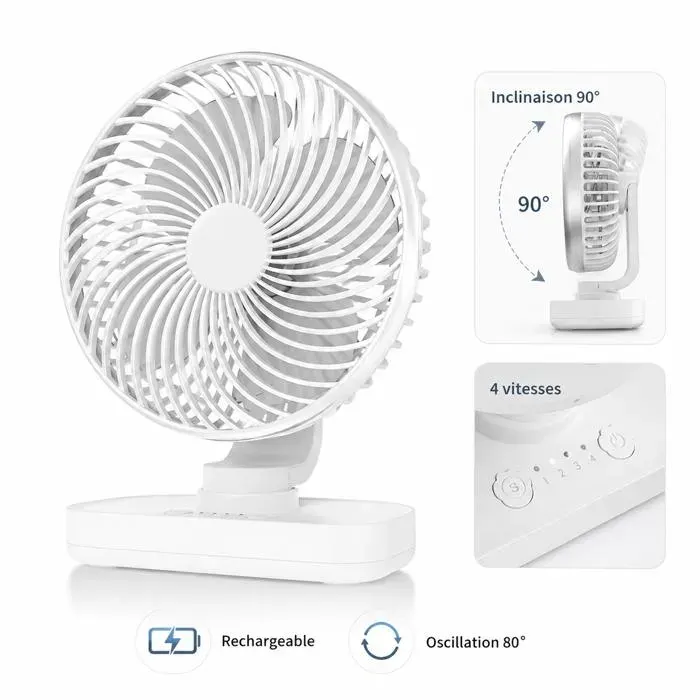 Ventilateur de bureau rechargeable XRJ 3600 mAh 4 vitesses oscillation 80° inclinaison 90° USB-C blanc