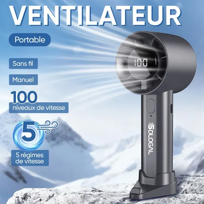 Ventilateur de bureau - ULTRIXE - Mini portable - Batterie 1800 mAh - 5 vitesses - Affichage LED