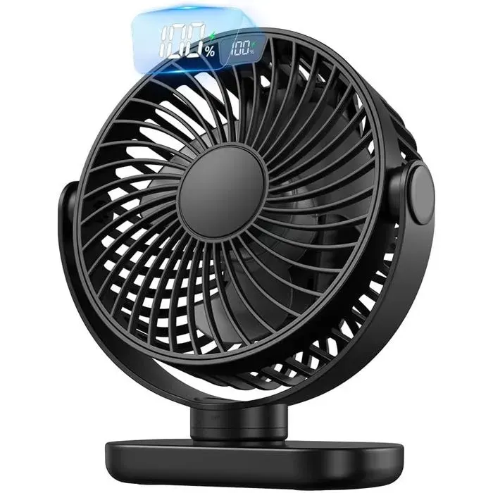 Ventilateur de Bureau USB 4 Vitesses Super Silencieux Affichage LED 5000mAh Batterie Charge Rapide USB C Inclinaison Automatique 90°