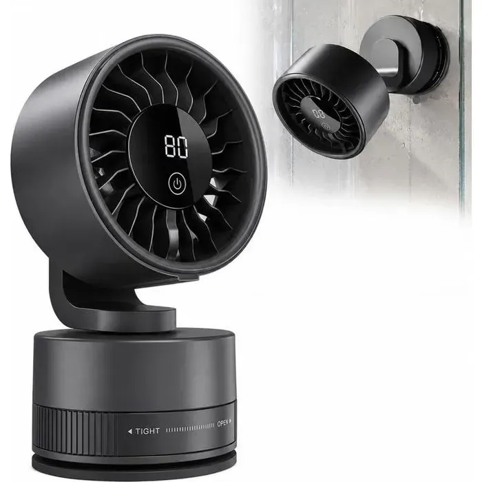 Ventilateur de Bureau USB Rechargeable avec Ventouse Mural Oscillant Écran Numérique 6 Vitesses-Noir