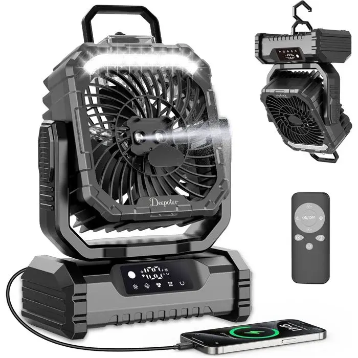 Ventilateur de Camping 20000mAh USB Rechargeable avec Lumière LED Ventilateur Portable à 5 Vitesses avec Télécommande Crochet [A1]