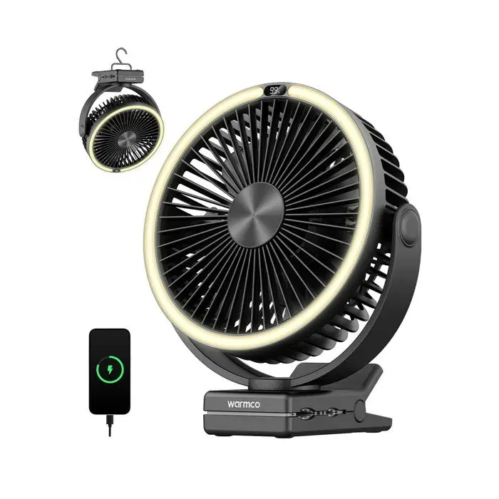 Ventilateur de Camping à Pince Warmco 3 en 1 15000mAh Rechargeable Silencieux avec LED Noir