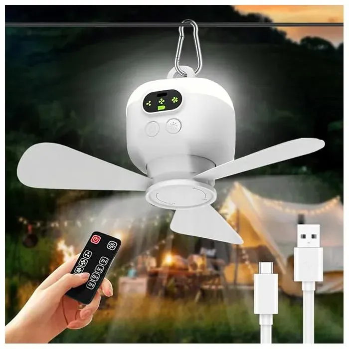 Ventilateur de Camping LED avec Télécommande Ventilateur Plafond Rechargeable USB 3 Vitesses Minuterie pour Tente