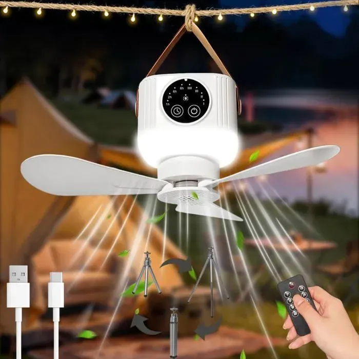Ventilateur de Camping Lumière Ventilateur Avec Trépied PliableVentilateur Plafond Avec Lumière et Télécommande 3 Vitesses
