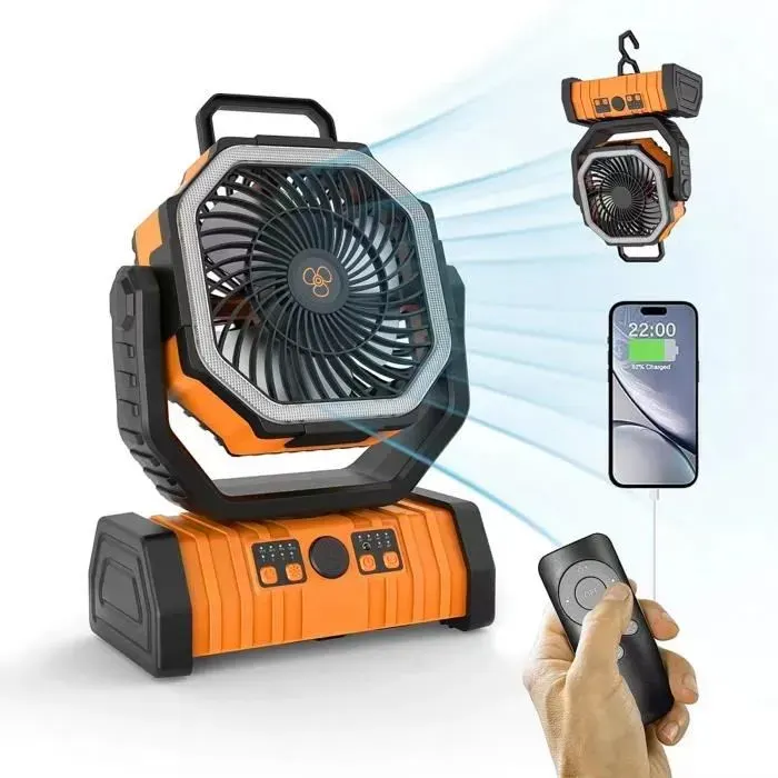 Ventilateur de camping - OMABETA - Modèle portable - 10 000 mA - Avec lumière - Télécommande incluse