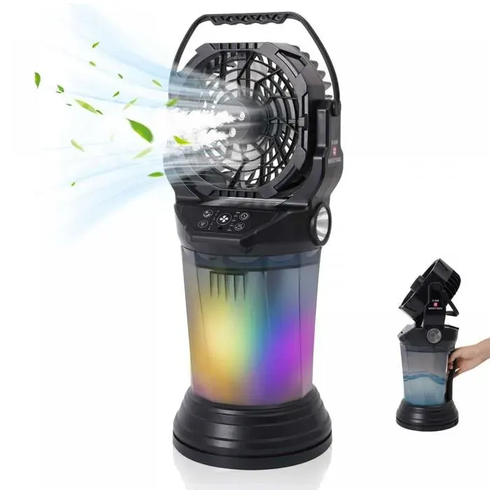 Ventilateur de Camping Portable 15000 mAh Brumisateur 2L LED RGB 4 Modes de Pulvérisation Ventilation 55 m/s – Noir