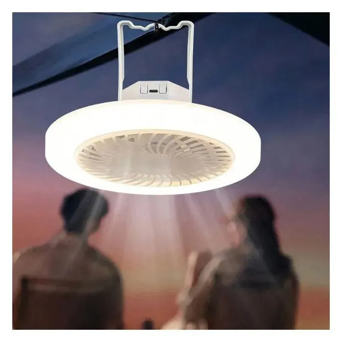 Ventilateur de camping portable avec lanterne LED rechargeable par USB tricolore avec crochet de suspension pour randonnée en
