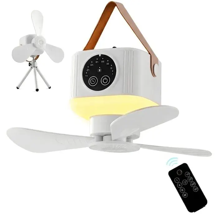 Ventilateur de camping portable avec lumières ventilateur de plafond suspendu à LED avec télécommande et minuterie - Blanc