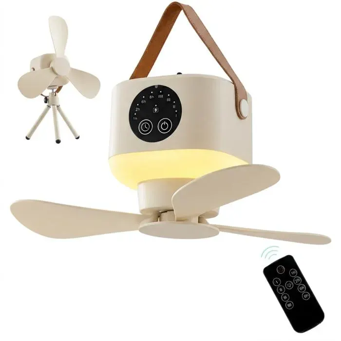 Ventilateur de camping portable avec lumières ventilateur de plafond suspendu à LED avec télécommande et minuterie - Beige