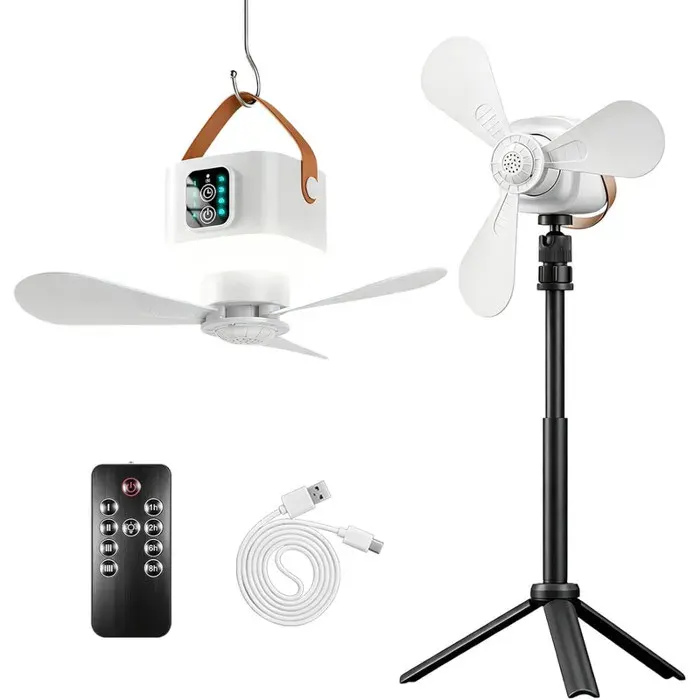 Ventilateur de Camping Portable Rechargeable 7200mAh avec LED 3 Modes Télécommande 4 Vitesses Support 3-en-1 Blanc