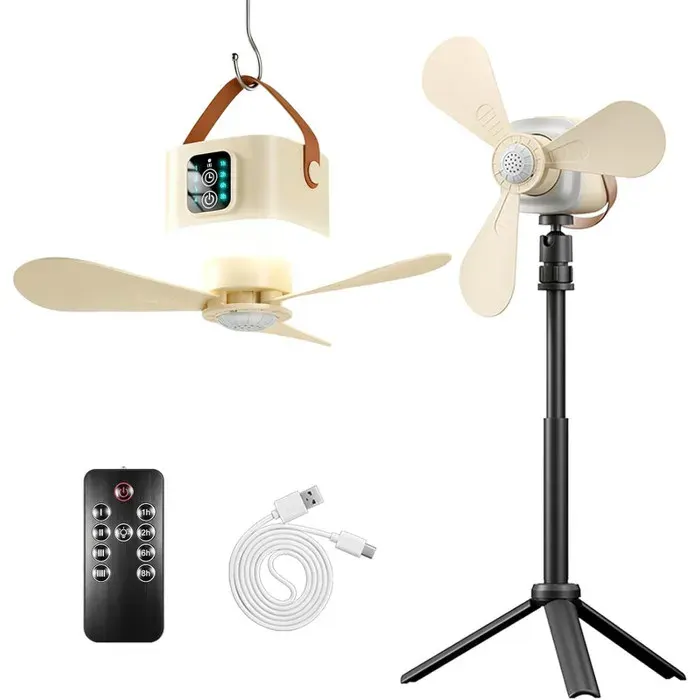 Ventilateur de Camping Portable Rechargeable 7200mAh avec LED 3 Modes Télécommande 4 Vitesses Support 3-en-1 Beige