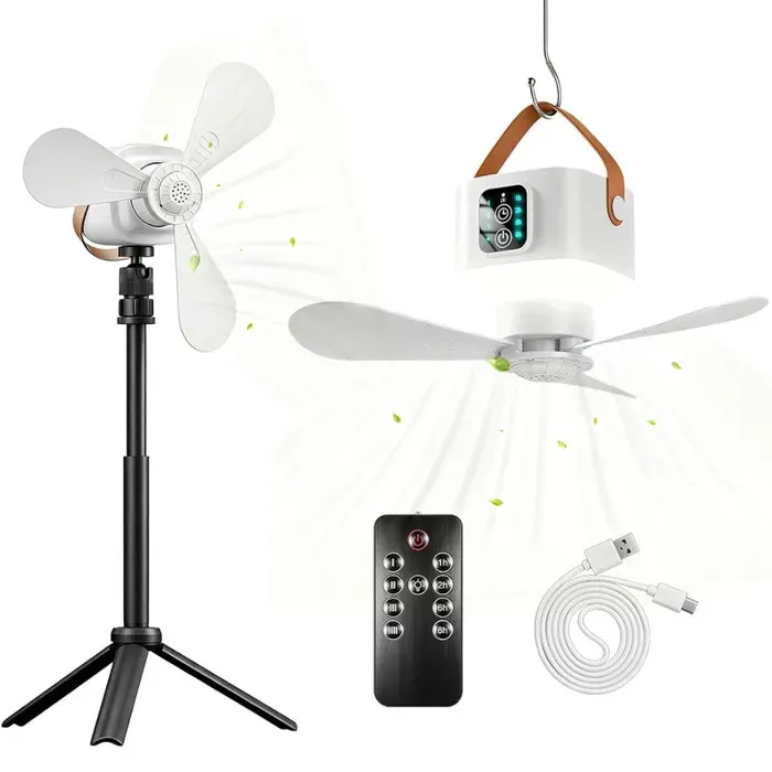 Ventilateur de camping portable rechargeable 7200mAh avec lumière LED télécommandesupport4 vitesses3 niveaux de luminositéBlanc