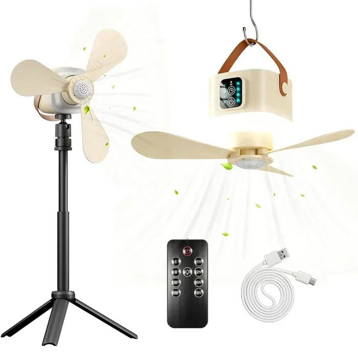 Ventilateur de camping portable rechargeable 7200mAh avec lumière LED télécommandesupport4 vitesses3 niveaux de luminositéBeige