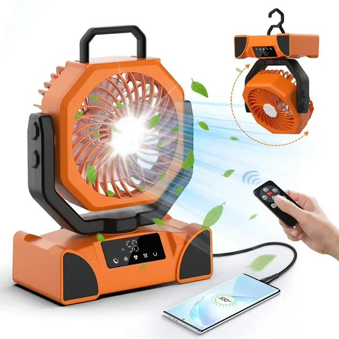 Ventilateur de camping portable rechargeable de 20 000 mAh avec 5 vitesses éclairage LED télécommande et crochet orange.