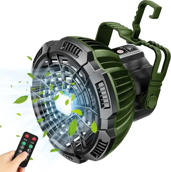 Ventilateur de camping pour tente ventilateur de plafond lampe de camping télécommande chargement USB lumière portable (vert)