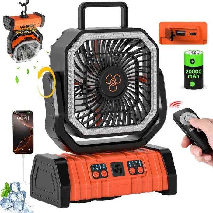 Ventilateur de camping rechargeable 20 000 mAh avec lanterne LED ventilateur oscillant portable à 270° 3 vitesses lumière