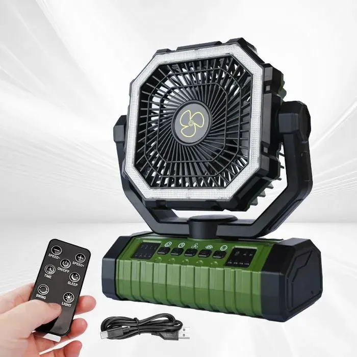 Ventilateur de camping rechargeable 20 000 mAh avec port USB rotatif à 360° et lumière LED ventilateur de camping alimenté p