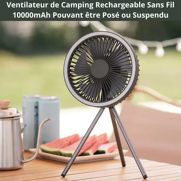 Ventilateur de Camping Sans Fil Rechargeable 10000mAh Silencieux 3 en 1 Portable Posé Trépied Suspendu LED Power Bank Tente