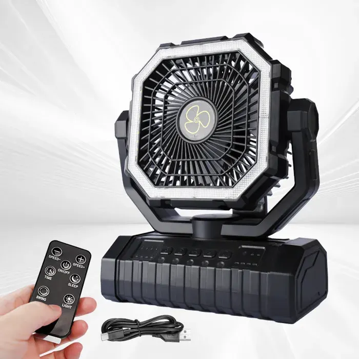 Ventilateur de camping USB 20 000 mAh avec éclairage LED et télécommande idéal pour la pêche la randonnée et le camping noir