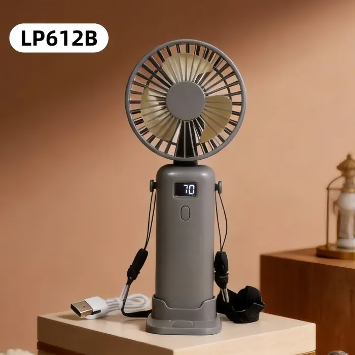 Ventilateur de charge portable gris avec écran LED support de téléphone intégré 5 vitesses bureau et voyage