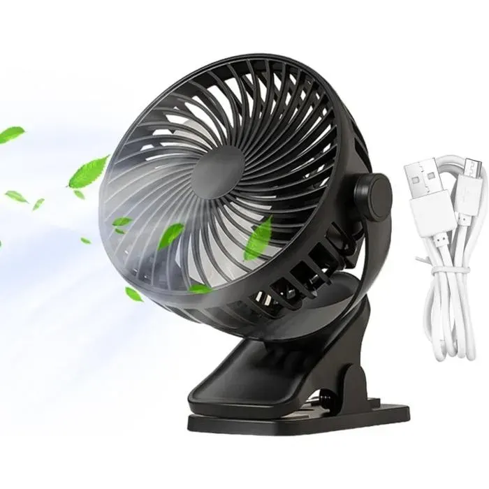 Ventilateur de chevet noir à pince petit ventilateur multifonction rechargeable pour poussettes voyages bureau chambre