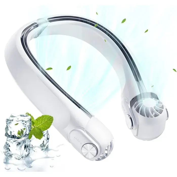 Ventilateur de cou 360° portable mini ventilateur nuque sans pale 2400 mAh à 3 vitesses blanc rechargeable USB