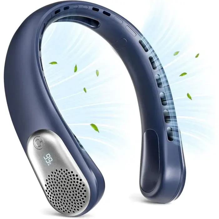 Ventilateur de cou - LINDD - Modèle portable - 360° sans pales - Rechargeable USB 3600 mAh - 3 vitesses — coloris Bleu