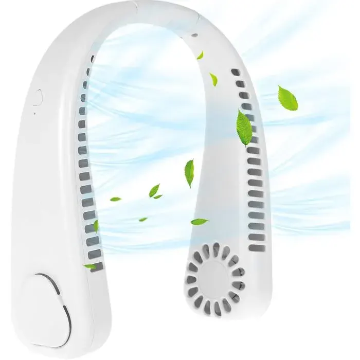 Ventilateur de cou mains libres 360° 3 vitesses de vent 1200 mAh rechargeable par USB sans feuilles(blanc)