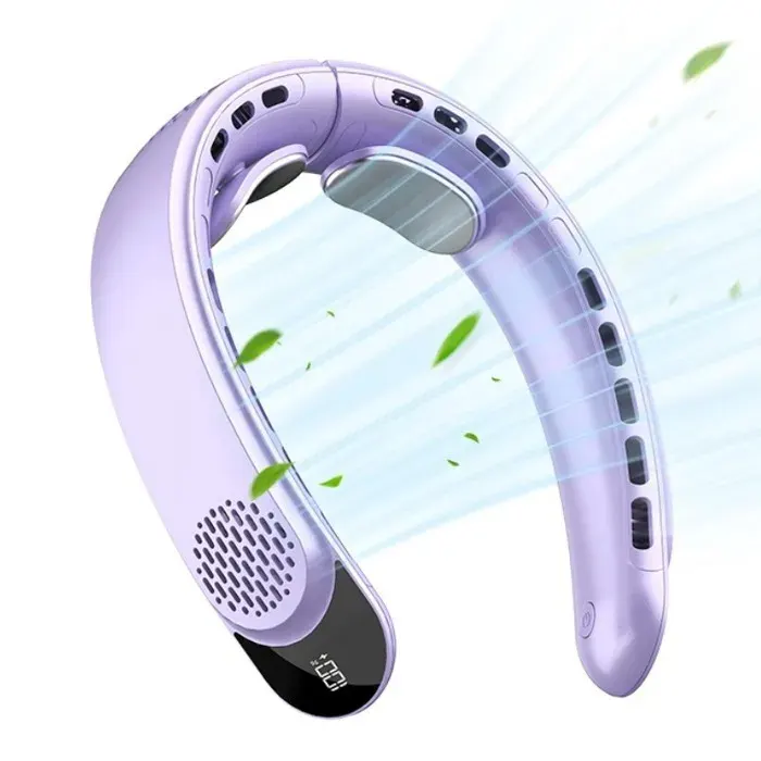Ventilateur de Cou -Mains Libres Rafraîchissant -Sans pales 4 turbines 4000mAh 3 vitesses 360° - Intérieur extérieur-Violet clair