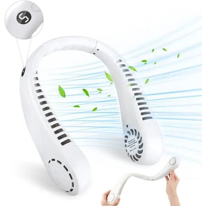 Ventilateur de Cou Mini Ventilateur sans Feuilles Réglable à 360° et 5 Vitesses 3000mAh USB Portable Rechargeable