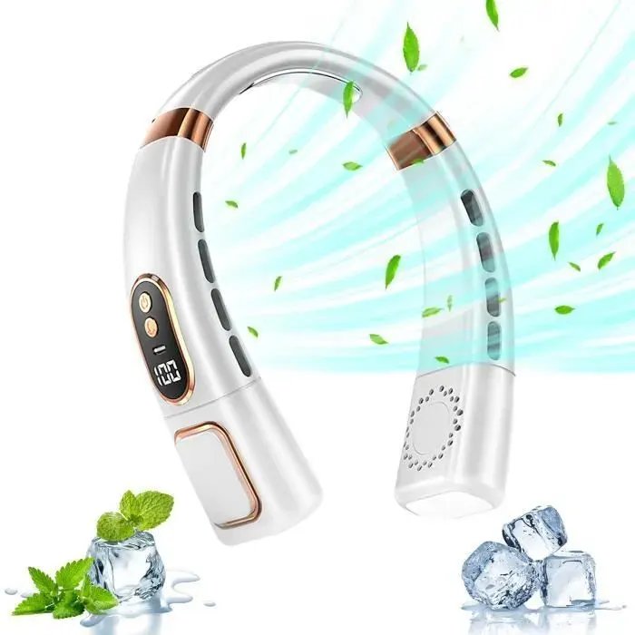 Ventilateur de cou – Mini ventilateur tour de cou – Silencieux et réduction du bruit – Affichage numérique – Blanc